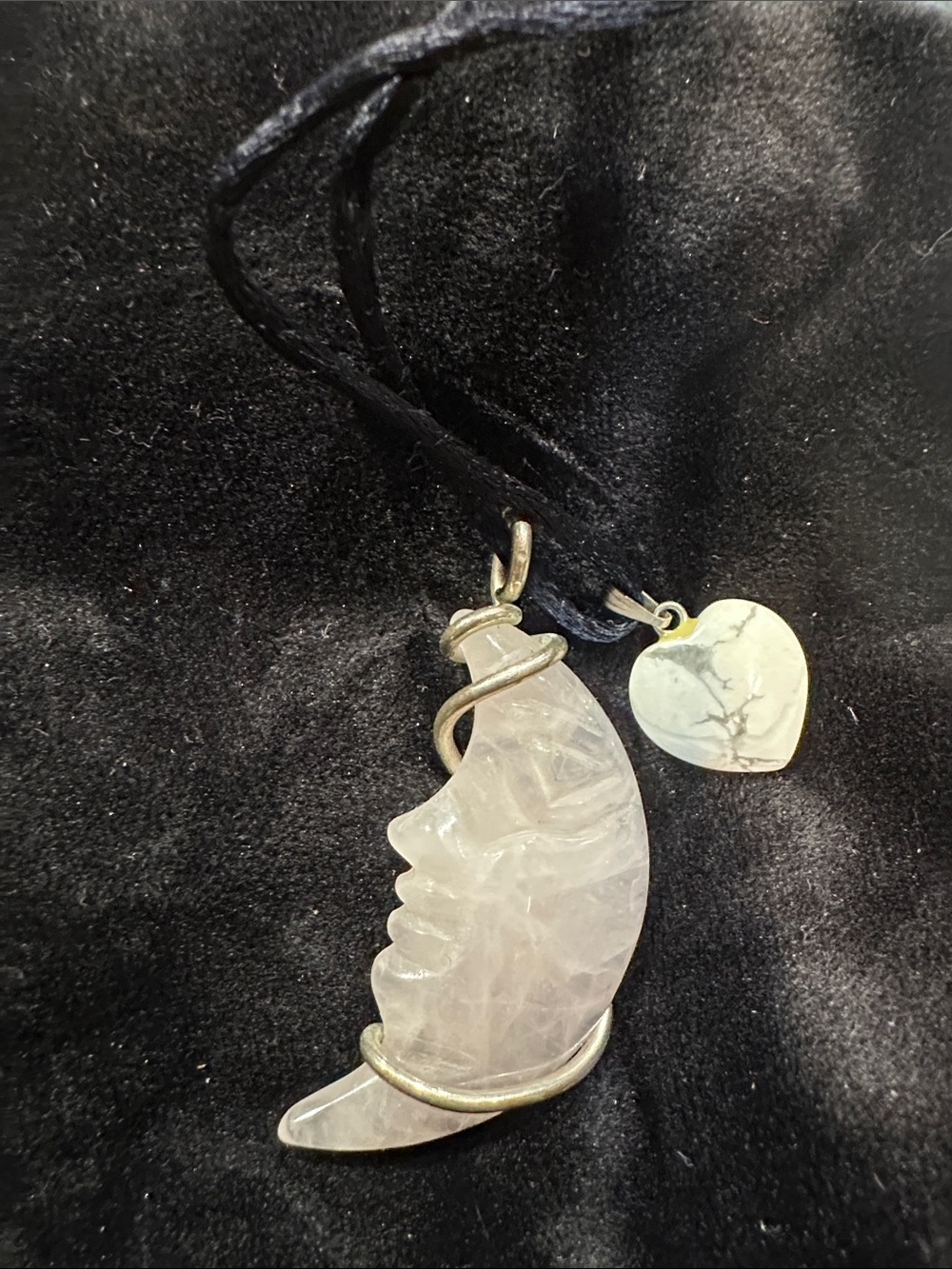 Rose Quartz Moon Face Pendant Necklace with Howlite Heart Accent